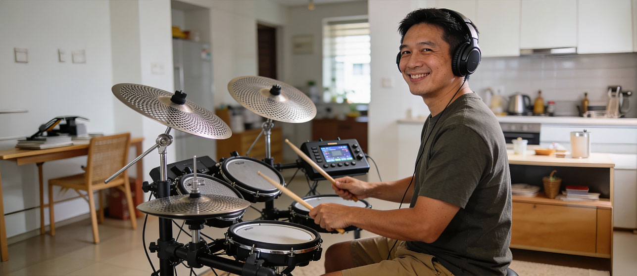 Adult beginner drummer wearing headphones while playing an electronic drum kit in a compact Singapore HDB apartment space