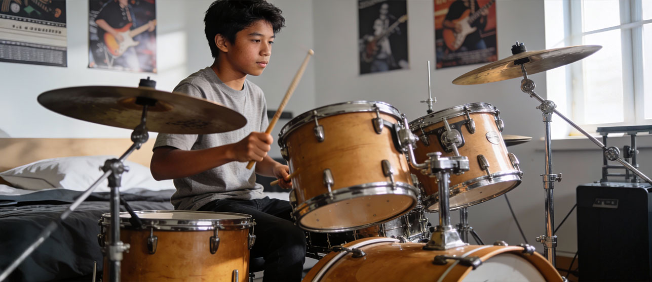 Teenage drummer playing a full-size acoustic drum kit showing proper posture and reach for growing players