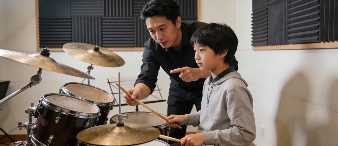 Music instructor guiding a beginner student at a drum set during a trial lesson at Groove Music School