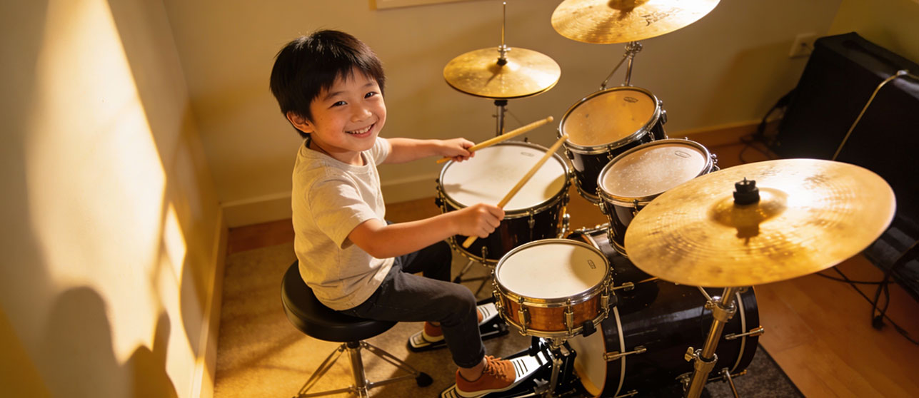 Happy young child aged 4-10 playing a junior drum set sized appropriately for their height and reach