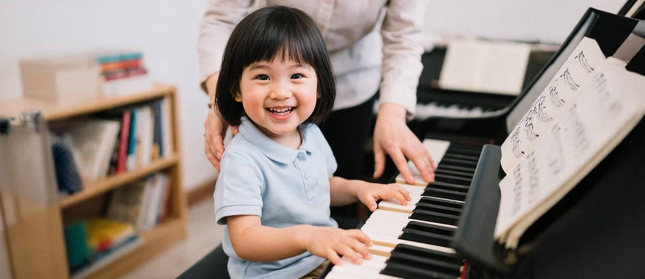 Smiling 5-year-old child with proper posture sitting at a piano keyboard with small hands positioned on keys, teacher's hands gently guiding