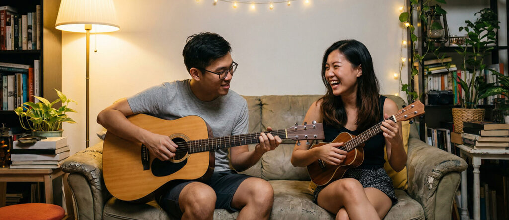 Guitar player and ukulele player performing together in a casual music session