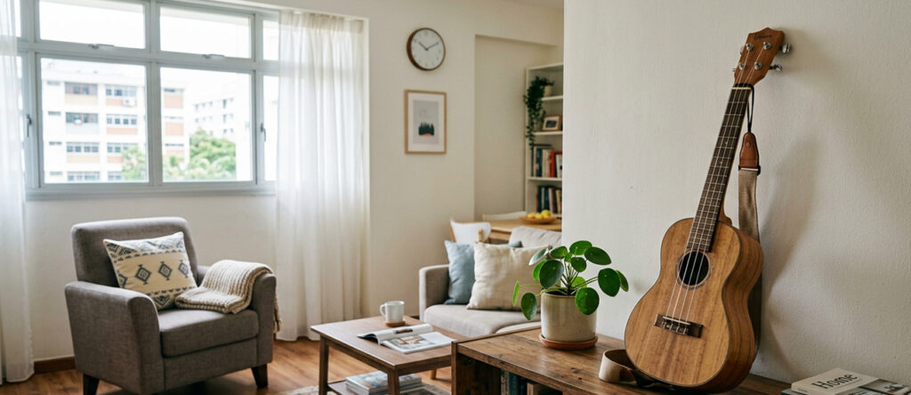 Ukulele resting in a compact HDB flat living room in Singapore
