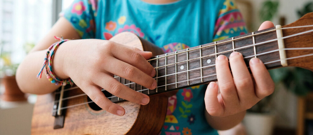 Beginner pressing fingers on ukulele nylon strings during first music lesson