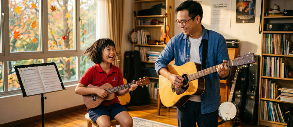 Child holding a ukulele next to an adult holding an acoustic guitar showing size difference