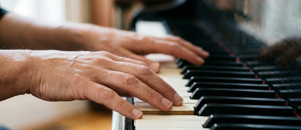 Adult hands resting on piano keys during a beginner piano lesson