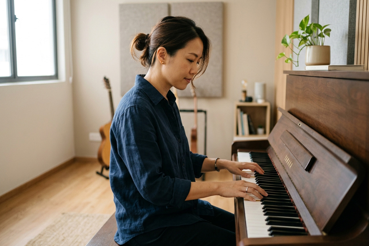 Adult learning piano for the first time at a music school in Singapore