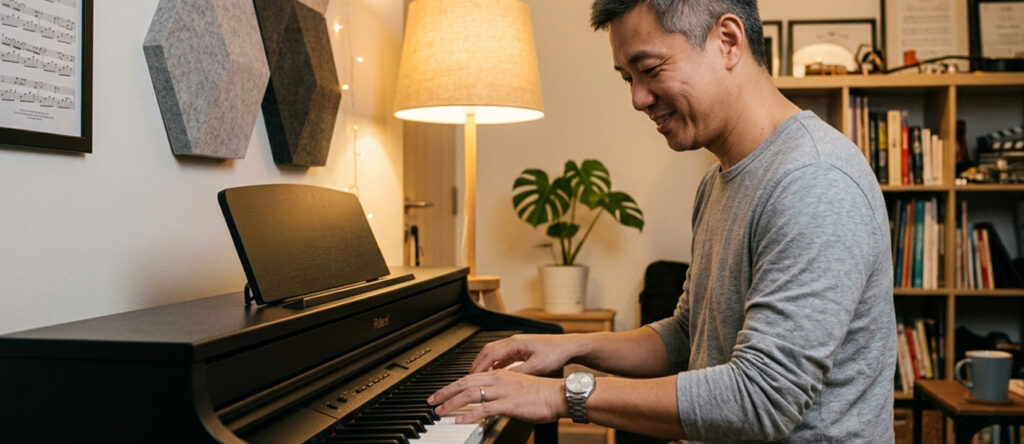 Adult enjoying the benefits of learning piano at a music school in Singapore
